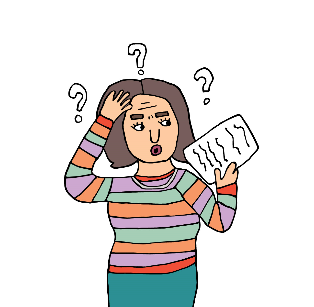 En tegnet dame som ikke forstår en tekst