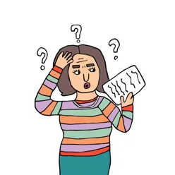 En tegnet dame som ikke forstår en tekst