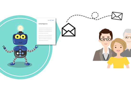 Figur som viser robot som sender brev til tre mennesker