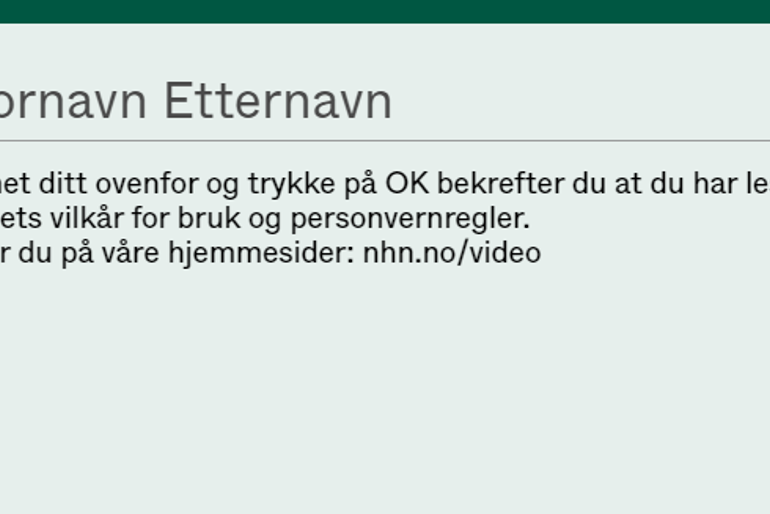 Skjermbilde som viser hvor i Helsenorge man skriver inn navnet sitt for videokonsultasjoner og samtykker regler og vilkår