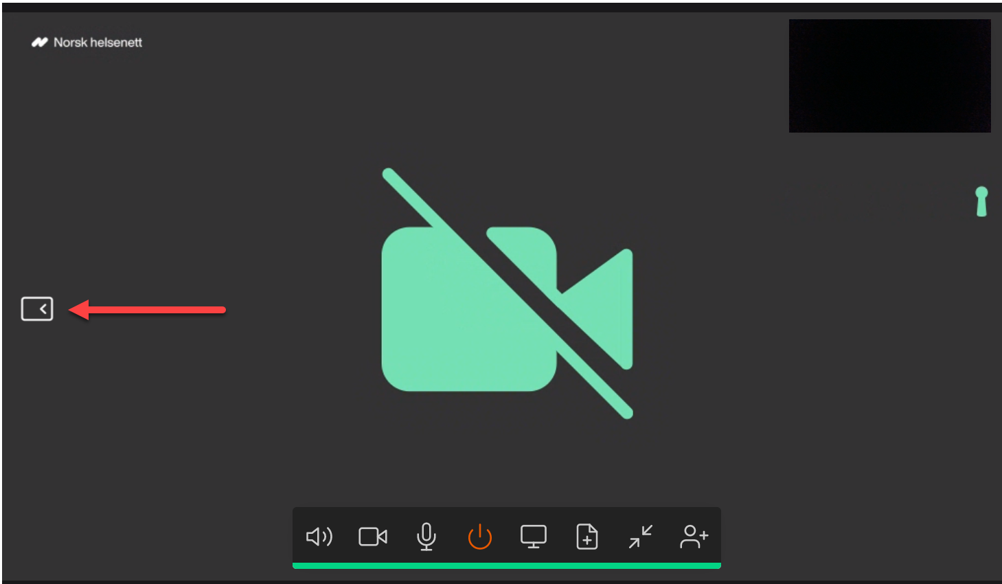 Skjermbilde som viser hvor den lille pilen til venstre er som man må trykke når man bruker Norsk helsenett på for å få opp venstremenyen