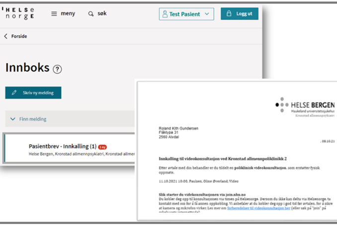 Skjermbilde som viser hvor en finner pasientbrevene sine i Helsenorge, altså i innboksen