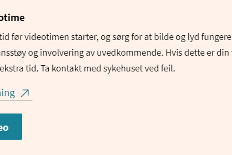 Skjermbilde som viser hvor startknappen for videokonsultasjon er i Helsenorge, altså under "Dette er en videotime"